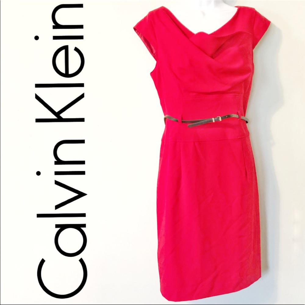 NWOT Calvin Klein Belted Cap Sleeve Red Dress - Picture 1 of 7
